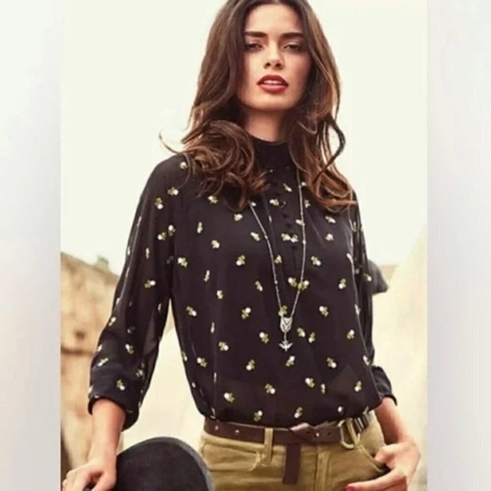 Cabi Black Sheer Floral High Neck Long Sleeve Blouse S #5338